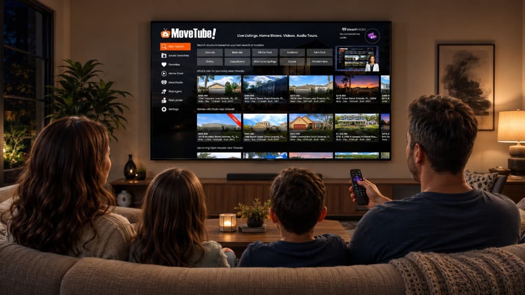 A family watching MoveTube listings on their living room TV